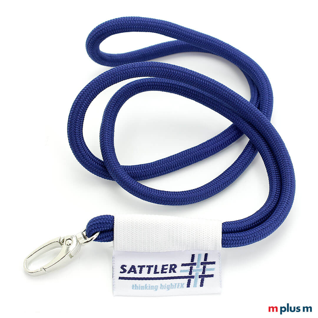 Nautic Bändel Lanyard in blauer Wunschfarbe mit Logo auf gewebtem Etikett als Werbeartikel