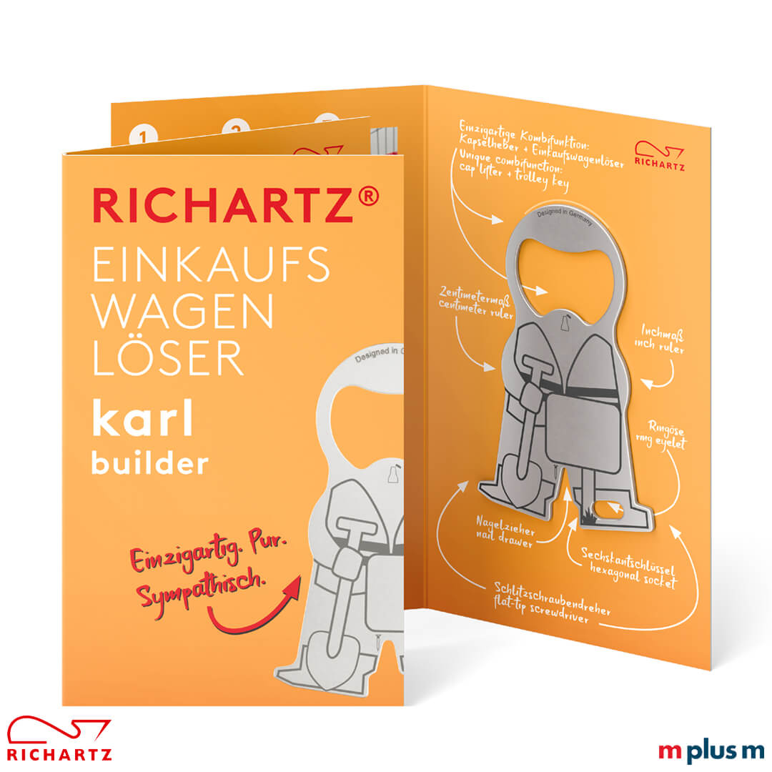 Klappkarte als Einzelverpackung: Mit Standardmotiv oder auch individuell bedruckt. Der Schlüsselanhänger karl builder als preiswerter MarkenStreuartikel bedrucken