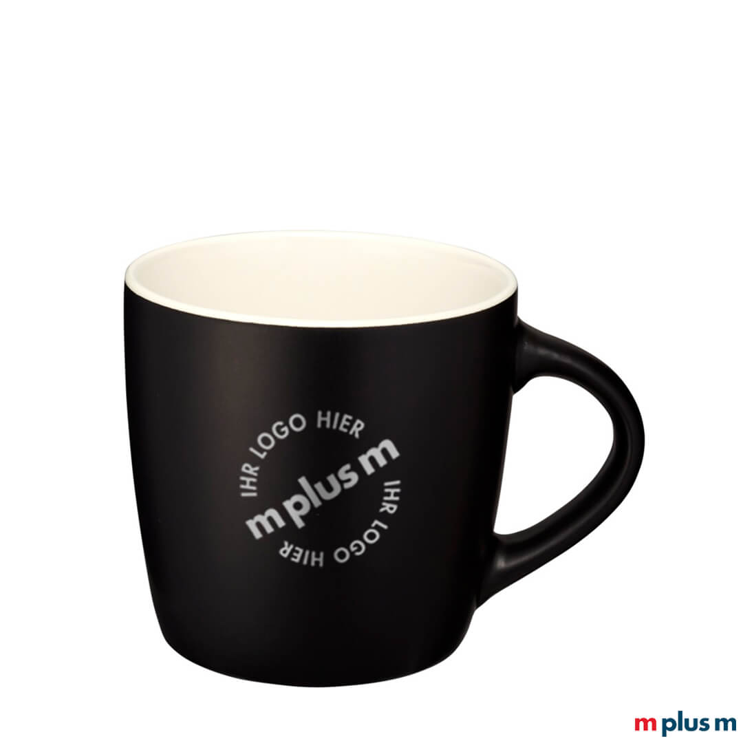 Schwarz-weiße Kaffeetasse als Werbegeschenk bedrucken