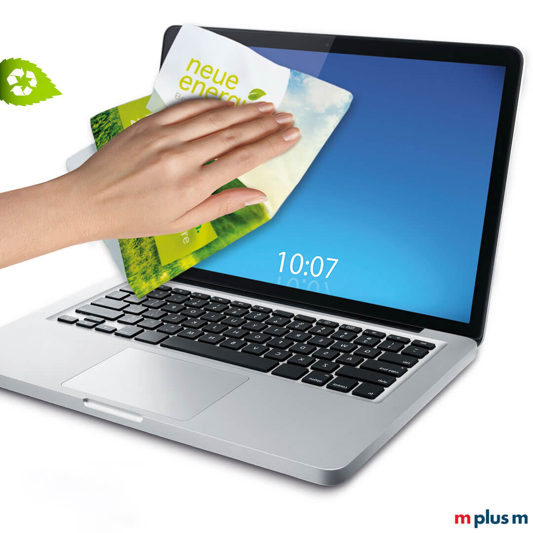 Nachhaltiger Displaycleaner aus rPET als nachhaltiges Give-Away mit eigener Werbung bedrucken.