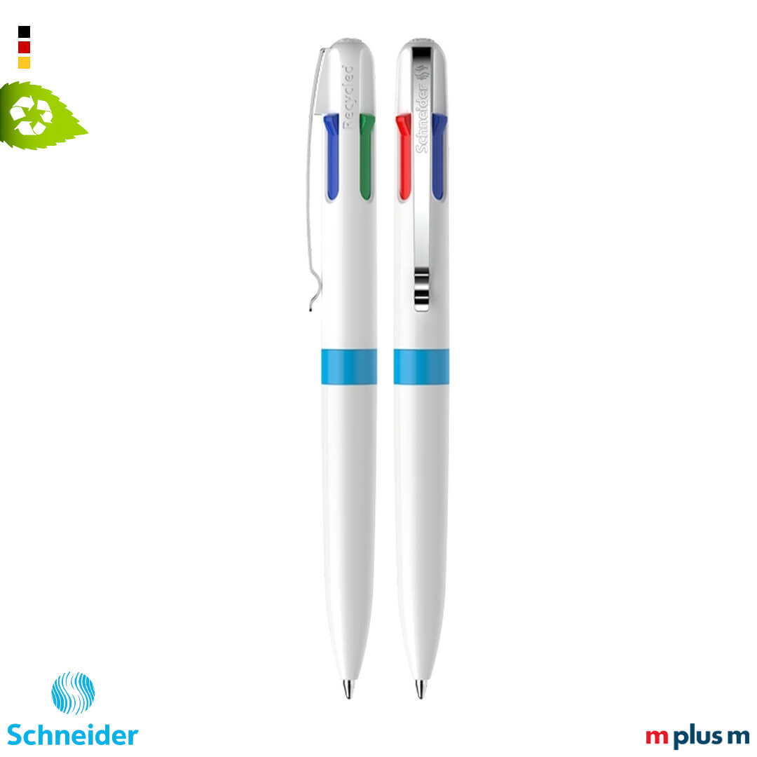 Cyanfarbener Schneider Take 4 Promo Kugelschreiber mit Viscoglide®-Technologie für weiches Schreiben, funktionaler Vierfarb-Stift hochwertig mit Logo bedrucken