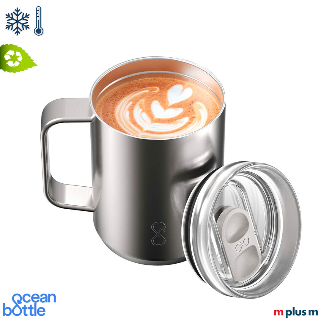 Silberne Ocean Bottle Thermotasse aus recyceltem Edelstahl mit Vakuumisolierung hält Getränke 10 Stunden kalt und 4 Stunden warm