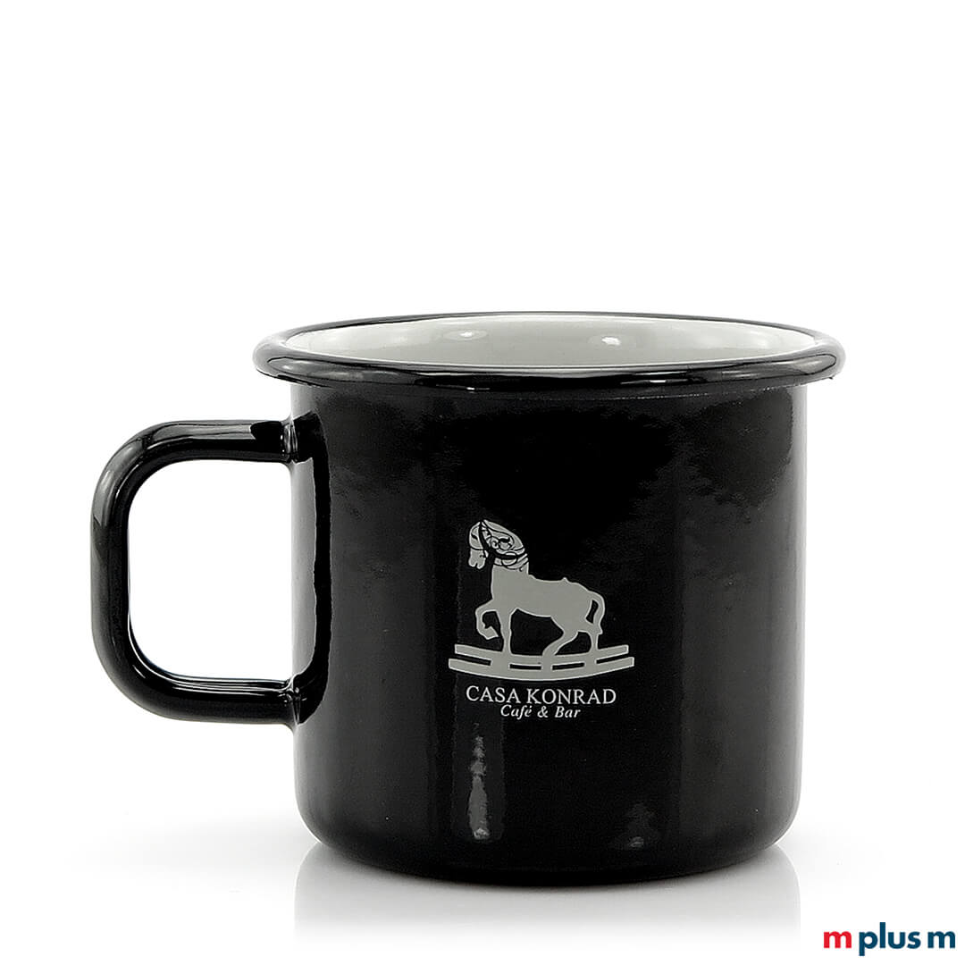 Schwarze Emaille Tasse Mars mit Logo spülmaschinenfest bedrucken