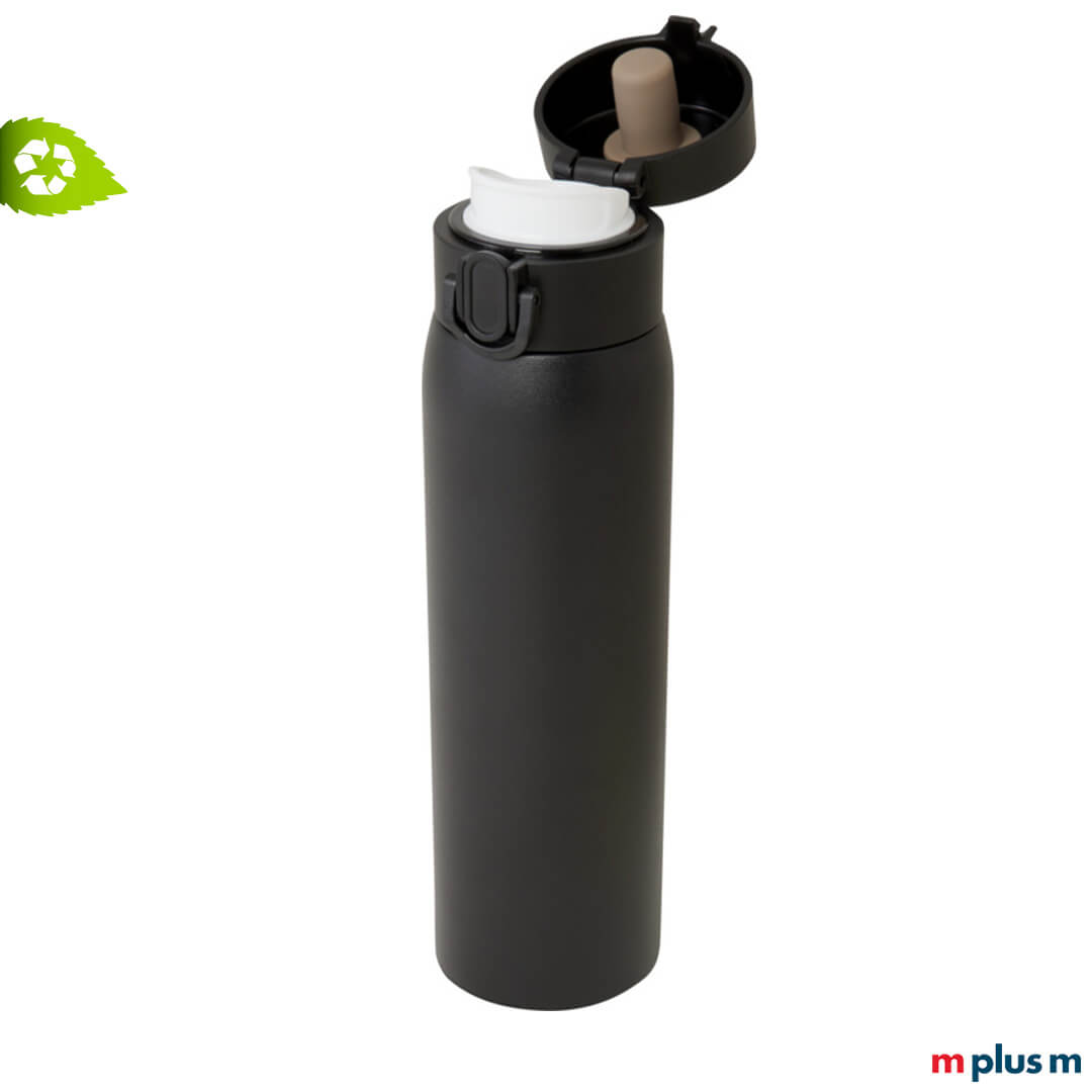 Der Klappdeckel beim schwarzen Edelstahl Isolierbecher hält dicht und ist mit der Verriegelung auslaufsicher arretierbar.