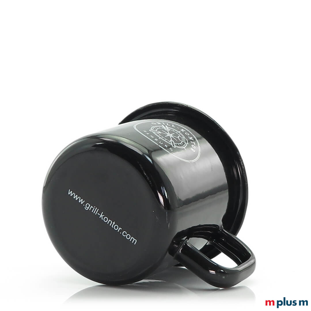 Schwarze Emaille Tasse aus Europa. Logo aus Tassenboden spülmaschinenfest bedrucken.