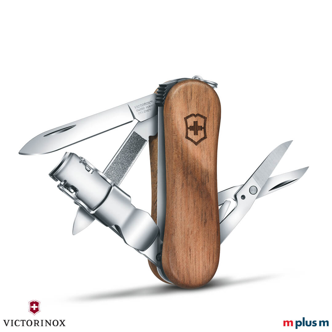 Victorinox Nail Clip Wood mit Schale aus Nußbaumholz als Werbeartikel