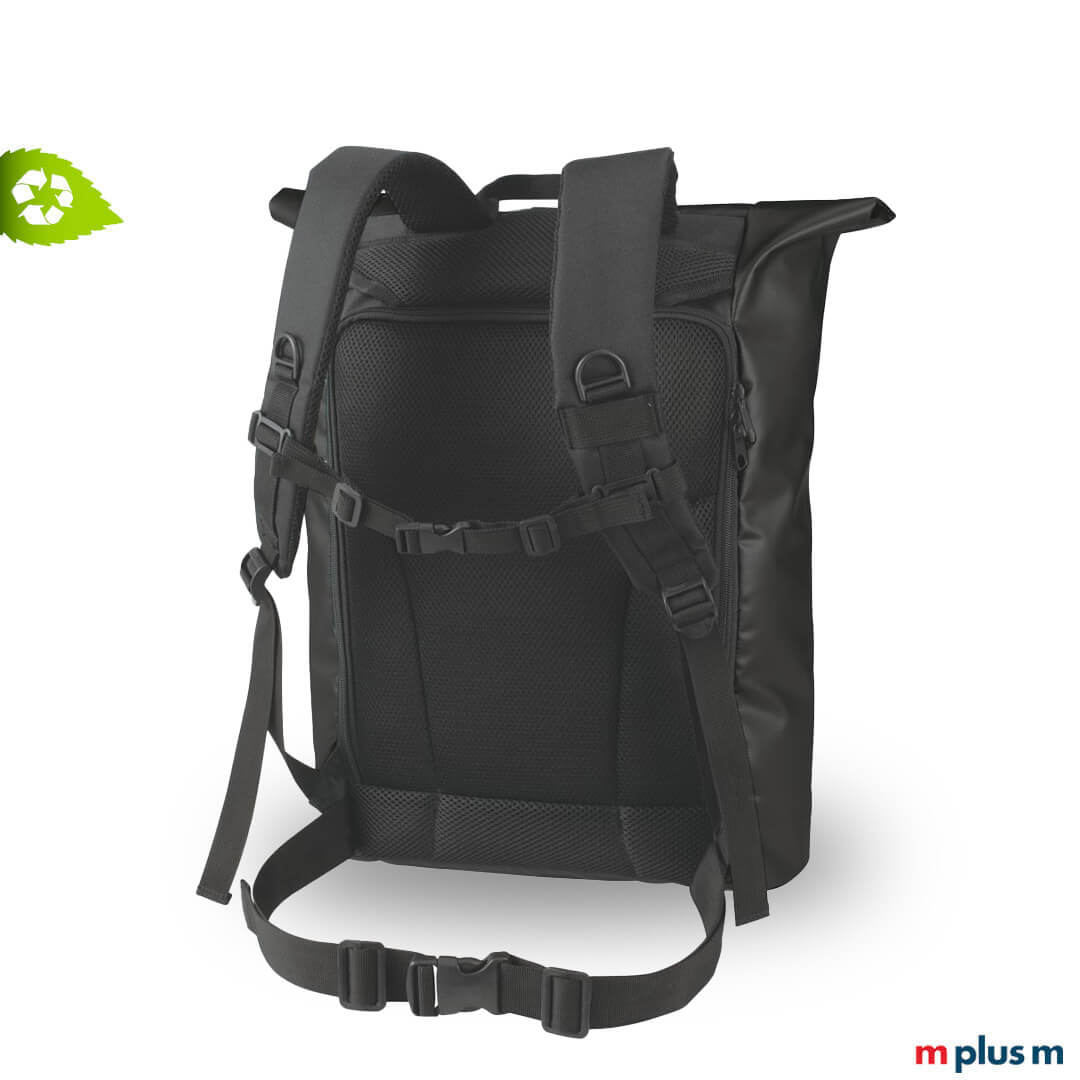 Nachhaltiger Rucksack mit Rollverschluss aus robuster Plane, schwarzes Design mit Frontfach und gepolstertem Rücken