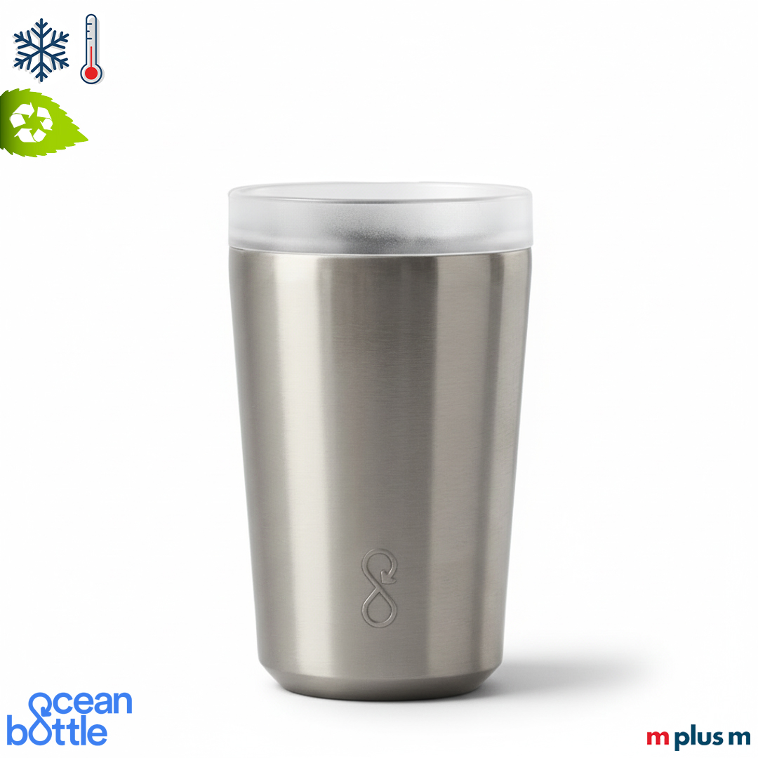 Silberner Ocean Bottle Isolierbecher 350 ml aus recyceltem Edelstahl, doppelwandig isoliert für heiße und kalte Getränke hochwertig mit Logo bedrucken