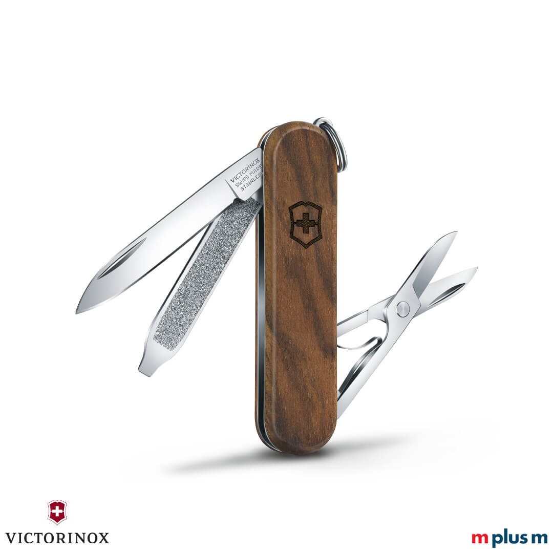 Schönes Victorinox Schweizer Taschenmesser mit Schalen aus Nussbaumholz. Mit Logodruck ideal als Werbeartikel oder Werbegeschenk für Kunden und Mitarbeiter 
