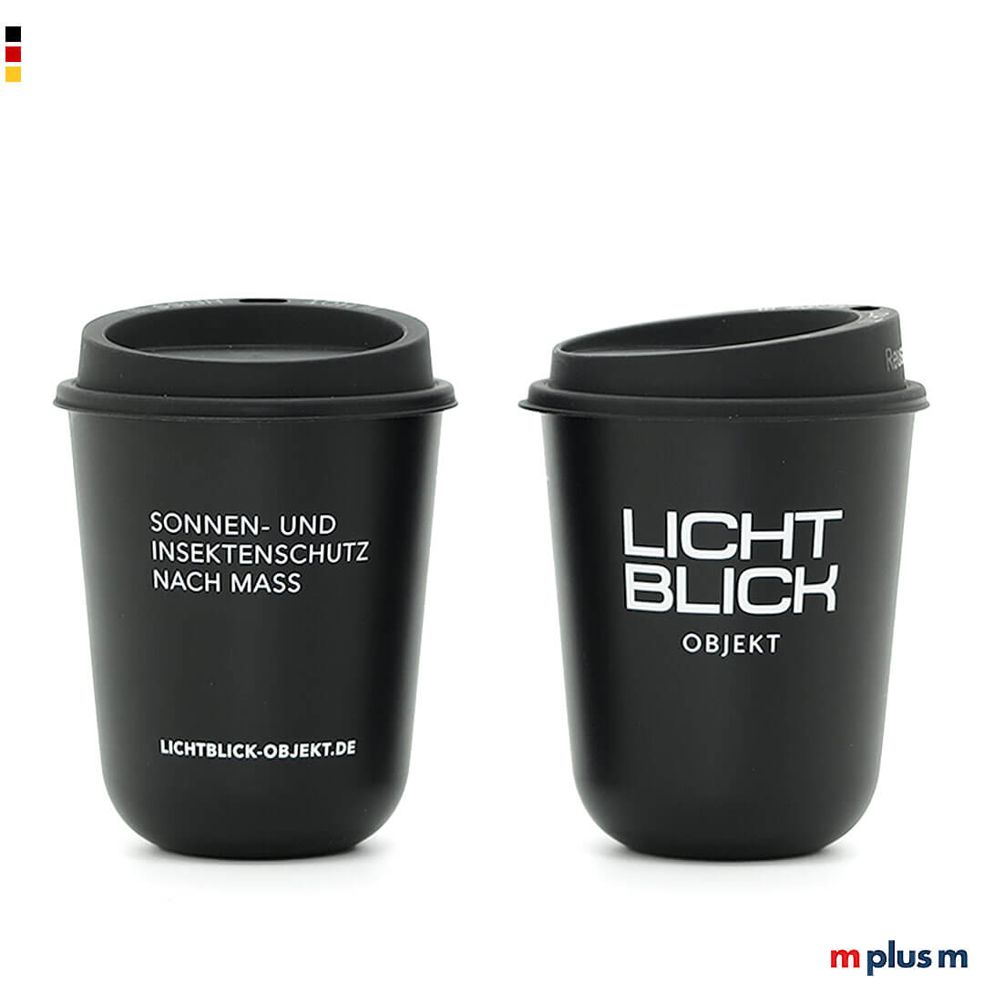 Schwarzer Cappuccino Coffee To Go Thermobecher aus recycelbarem PP mit dickwandiger Isolierung für warmen Kaffee und angenehmes Handgefühl