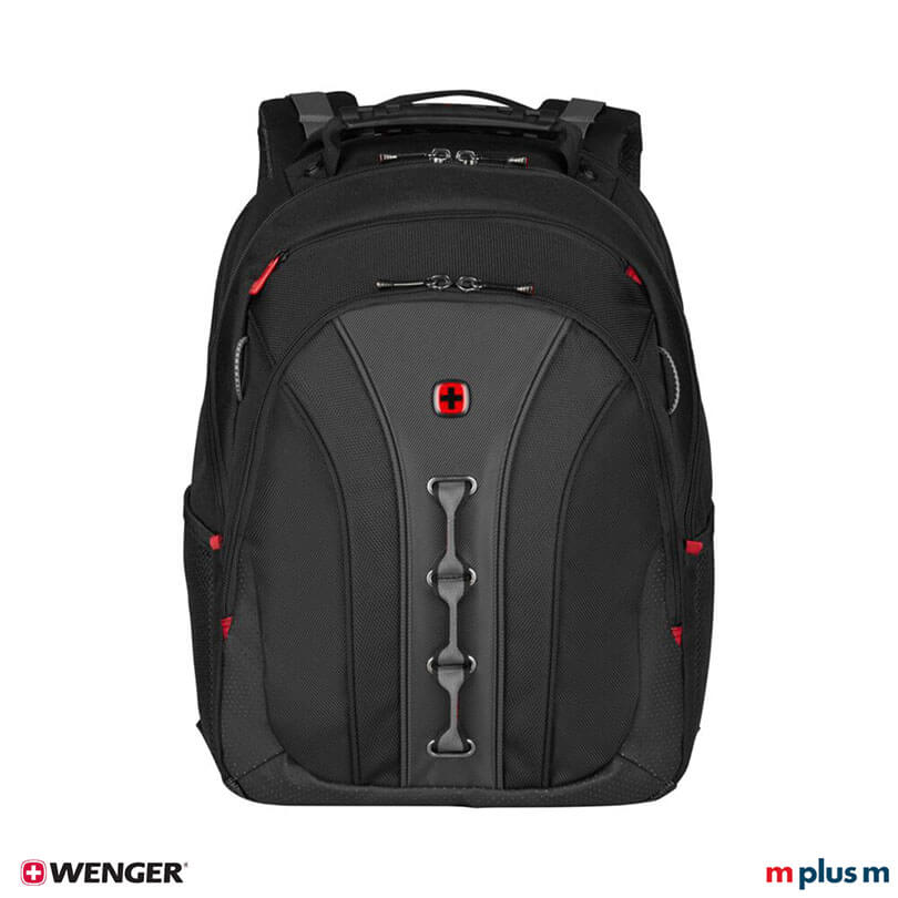 Wenger Legacy Business Rucksack schwarz mit Comfort-Fit Schulterriemen und ergonomischem Design, komfortabler Laptoprucksack hochwertig mit Logo Druck personalisieren