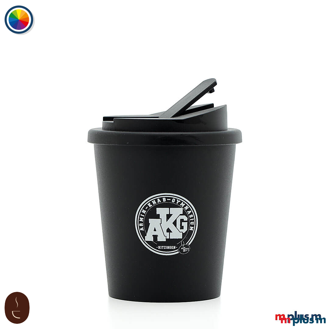 Schwarzer Early Bird Coffee Shop Thermobecher (250 ml) aus Europa, doppelwandig isoliert und spülmaschinengeeignet mit Logo bedrucken