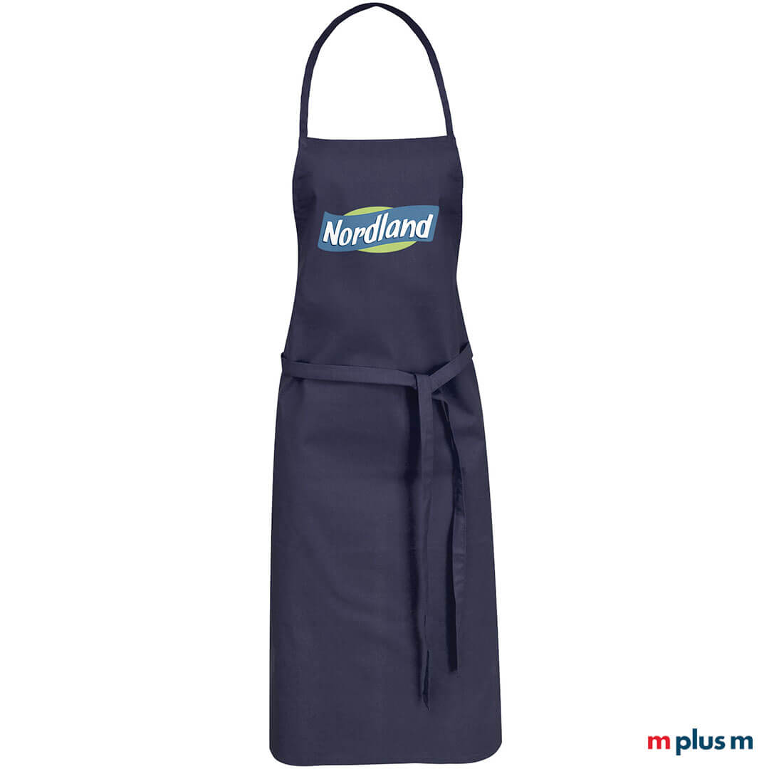 Preiswerte Gastro Latzschürze Victor in Farbe Blau mit Logo Druck