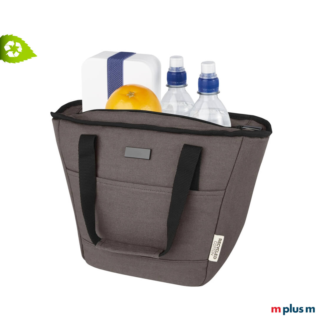 Viel Platz: Große Werbeartikel Kühltasche aus recycling Material in Farbe Grau