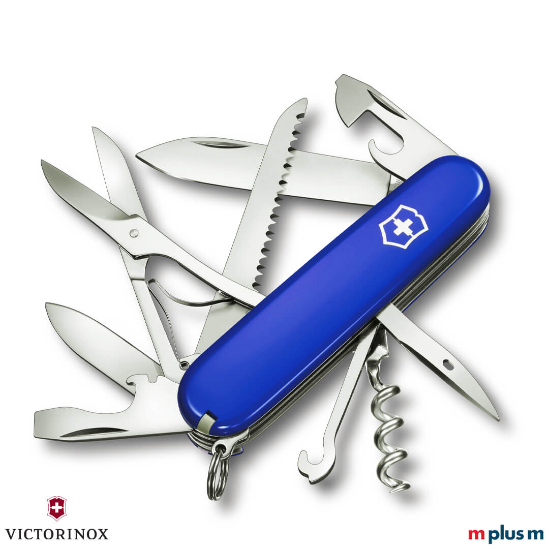 Werbeartikel aus der Schweiz: Victorinox Huntsman Taschenmesser mit blauen Schalen
