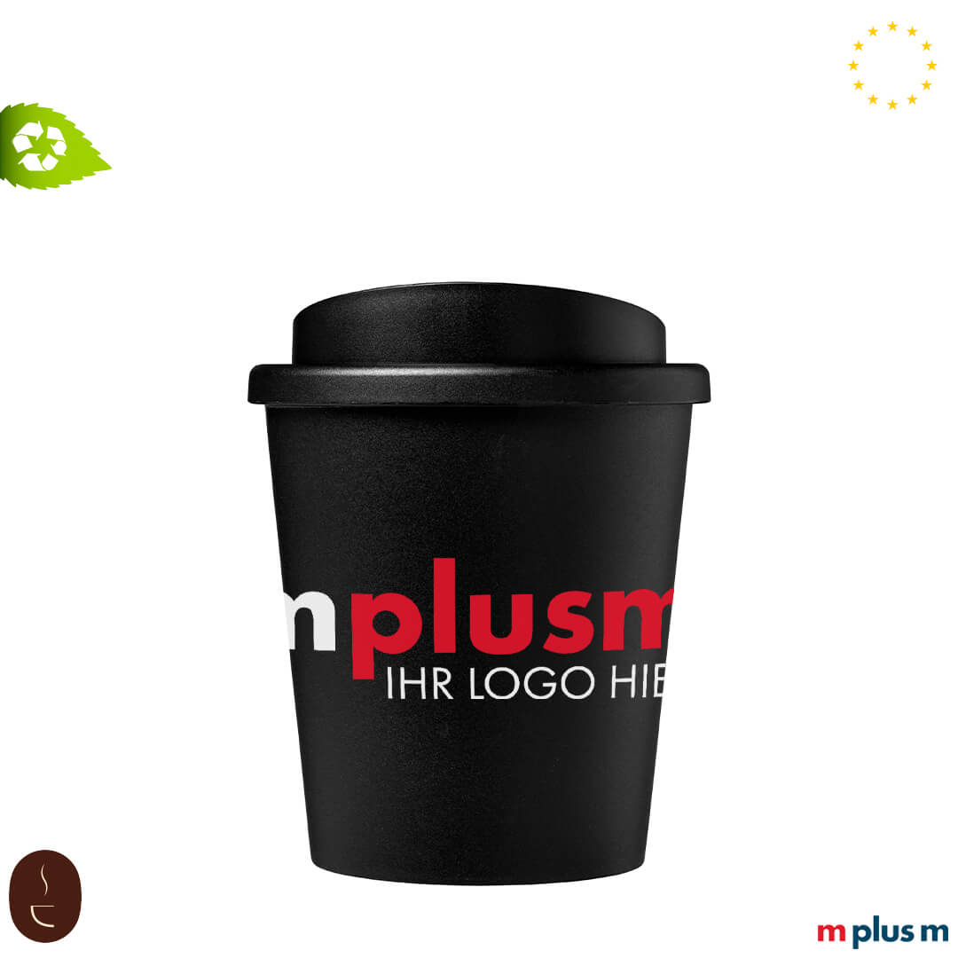 Kompakter 250-ml-Isolierbecher aus recyceltem PP in Schwarz, spülmaschinenfest und perfekt für heiße Getränke unterwegs