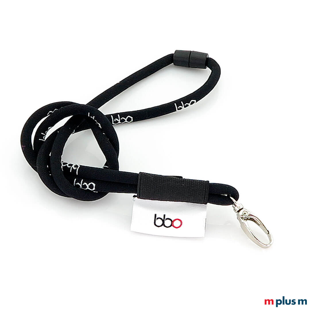 Schwarzes Kordel Lanyard mit Logo Einwebung als Werbeartikel