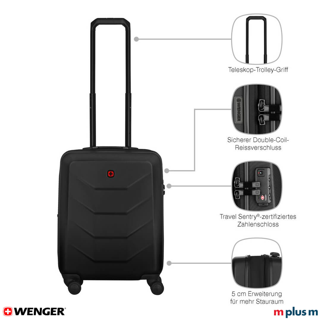 Moderner Wenger Prymo Carry-On Anthrazit für Flugreisen mit integriertem Adressschild, sicherem Schloss und Swiss Design