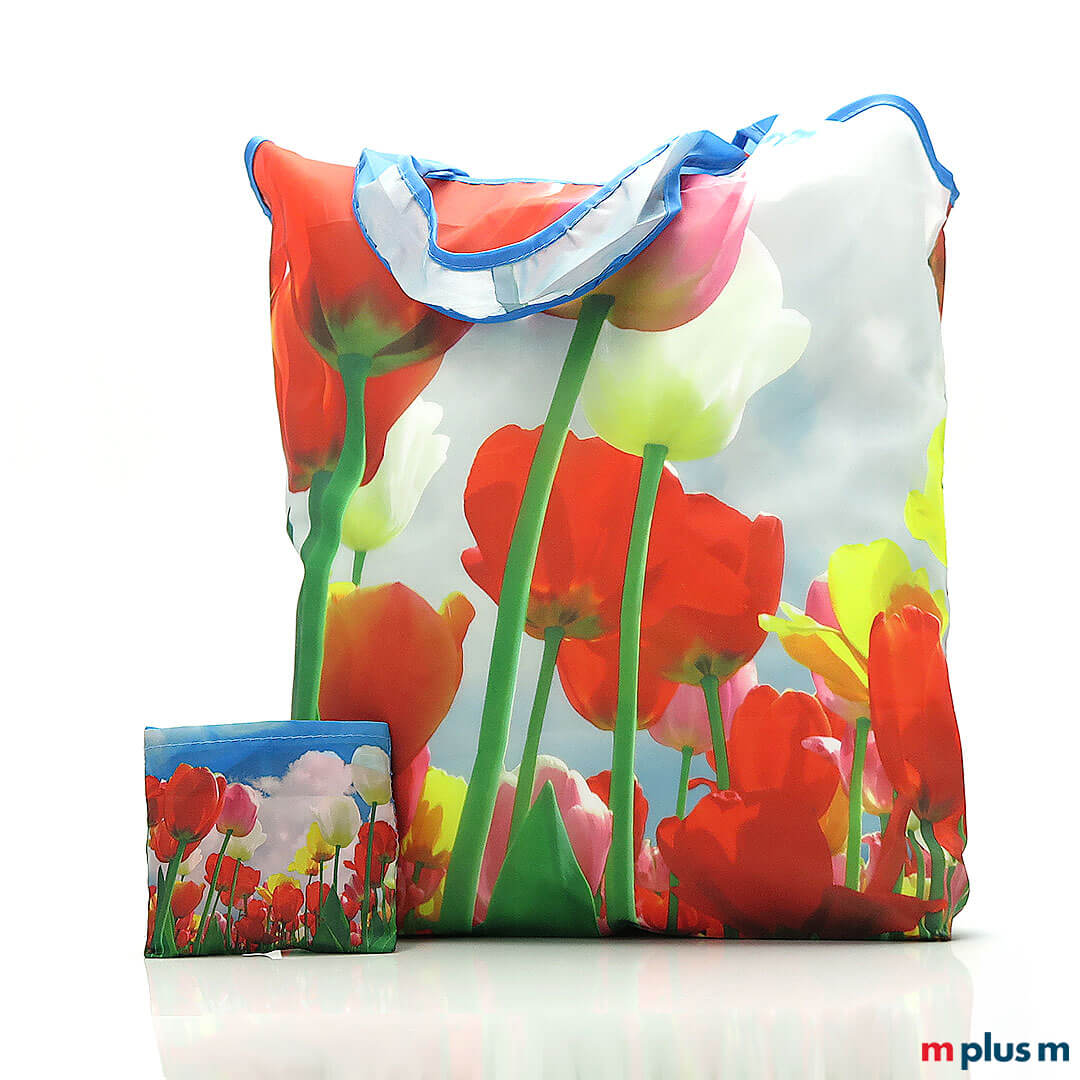 AB 500 Stück: Faltbare Einkaufstasche aus Recycling Material (PET Flaschen). Individuell bedruckt und produziert als Werbeartikel.