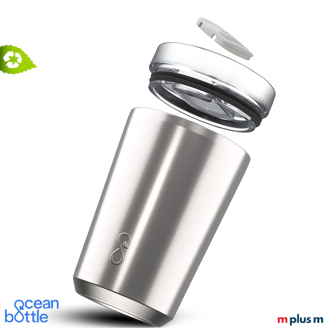 Silberner Ocean Bottle Becher 350 ml mit doppelwandiger Isolierung und Spritzschutzdeckel, funktionaler Coffee To Go Becher mit Logo bedrucken