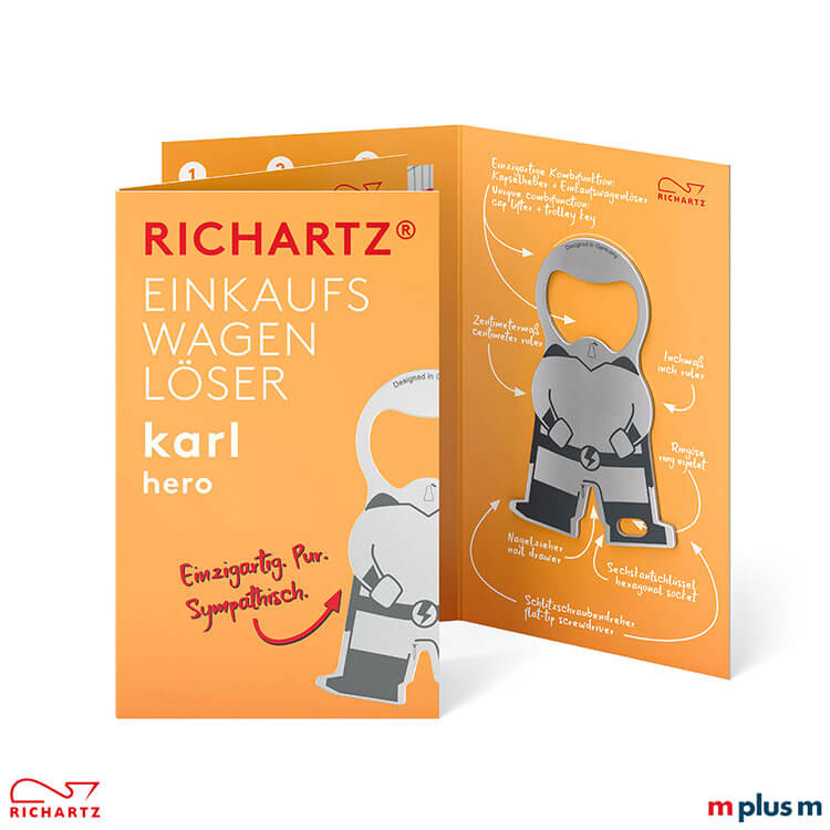 Die Klappkarte beim karl hero Einkaufswagenlöser hier mit dem Standardmotiv. Ab 250 Stück ist eine Personalisierung der Einzelverpackung möglich. Fragen Sie das Angebot an!