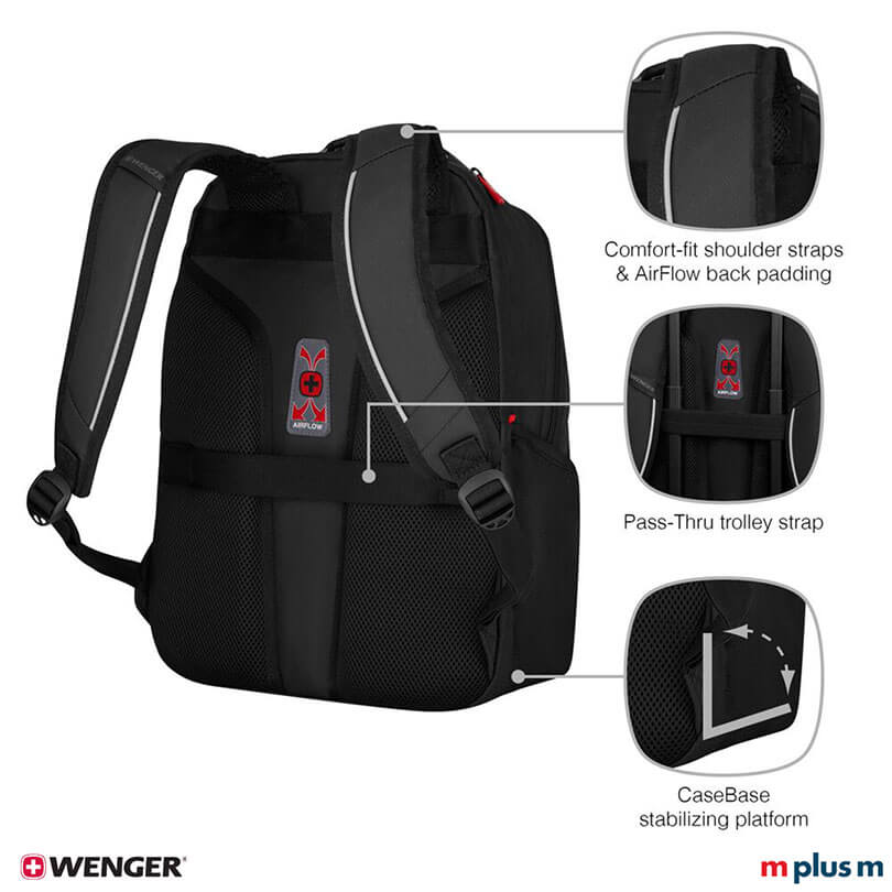 Schwarzer Wenger Altair Rucksack aus recycelten PET-Flaschen mit strapazierfähigem Boden, nachhaltiger Laptoprucksack hochwertig mit Logo Druck personalisieren