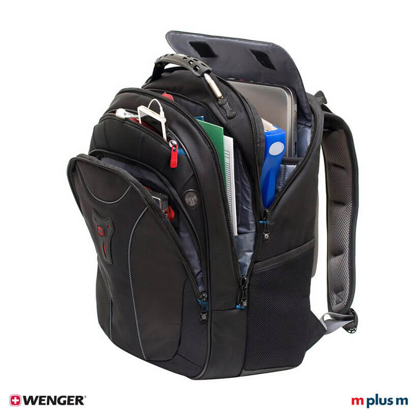 Schwarzer Wenger Carbon Rucksack mit Smart Organizer für Kabel und Ladegeräte, funktional und vielseitig mit Logo bedrucken