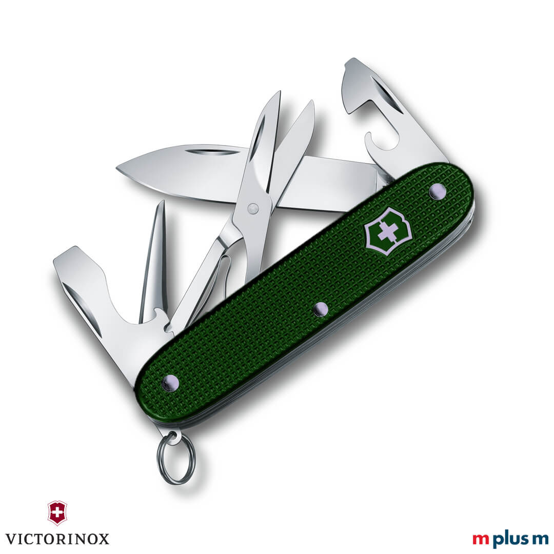 Schweizer Victorinox Pioneer Alox X Taschenmesser mit dunkelgrüner Schale als Werbeartikel mit Logo Gravur