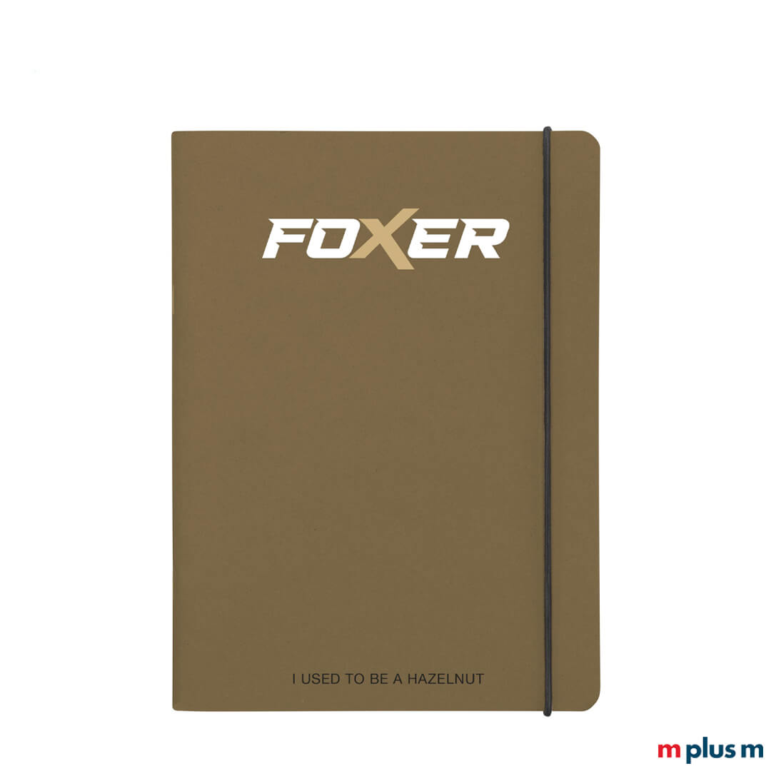 Haselnuss Notizheft bedruckt mit Bild als Werbeartikel in braun