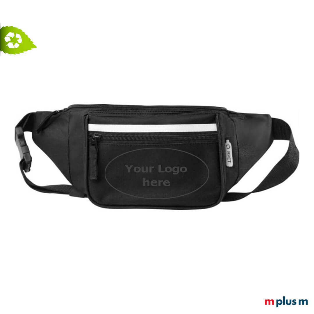 Schwarze Bauchtasche mit Logo bedrucken als nachhaltiger Werbeartikel.