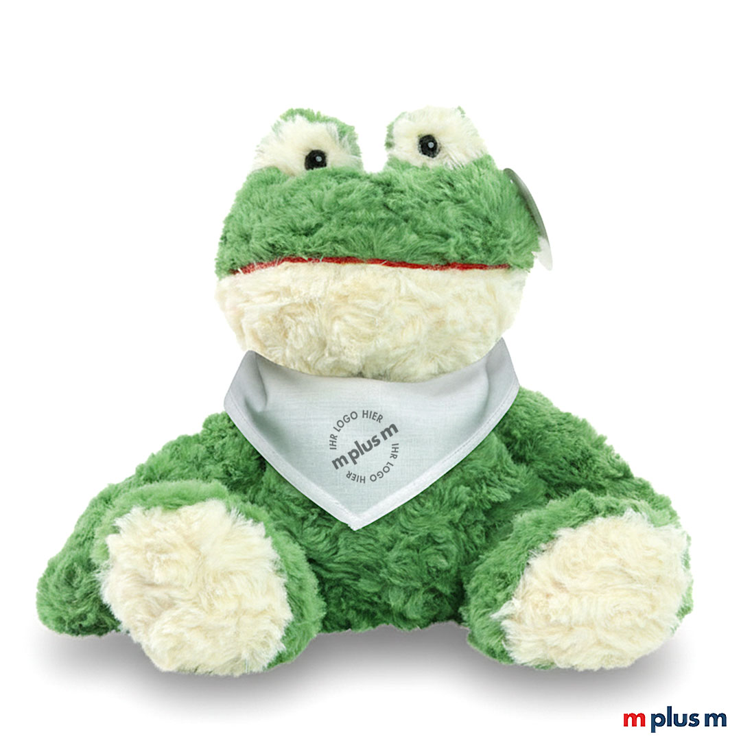 Sitzender Plüschfrosch Torge aus weichem grünem Plüsch als Werbeartikel oder Kuscheltier