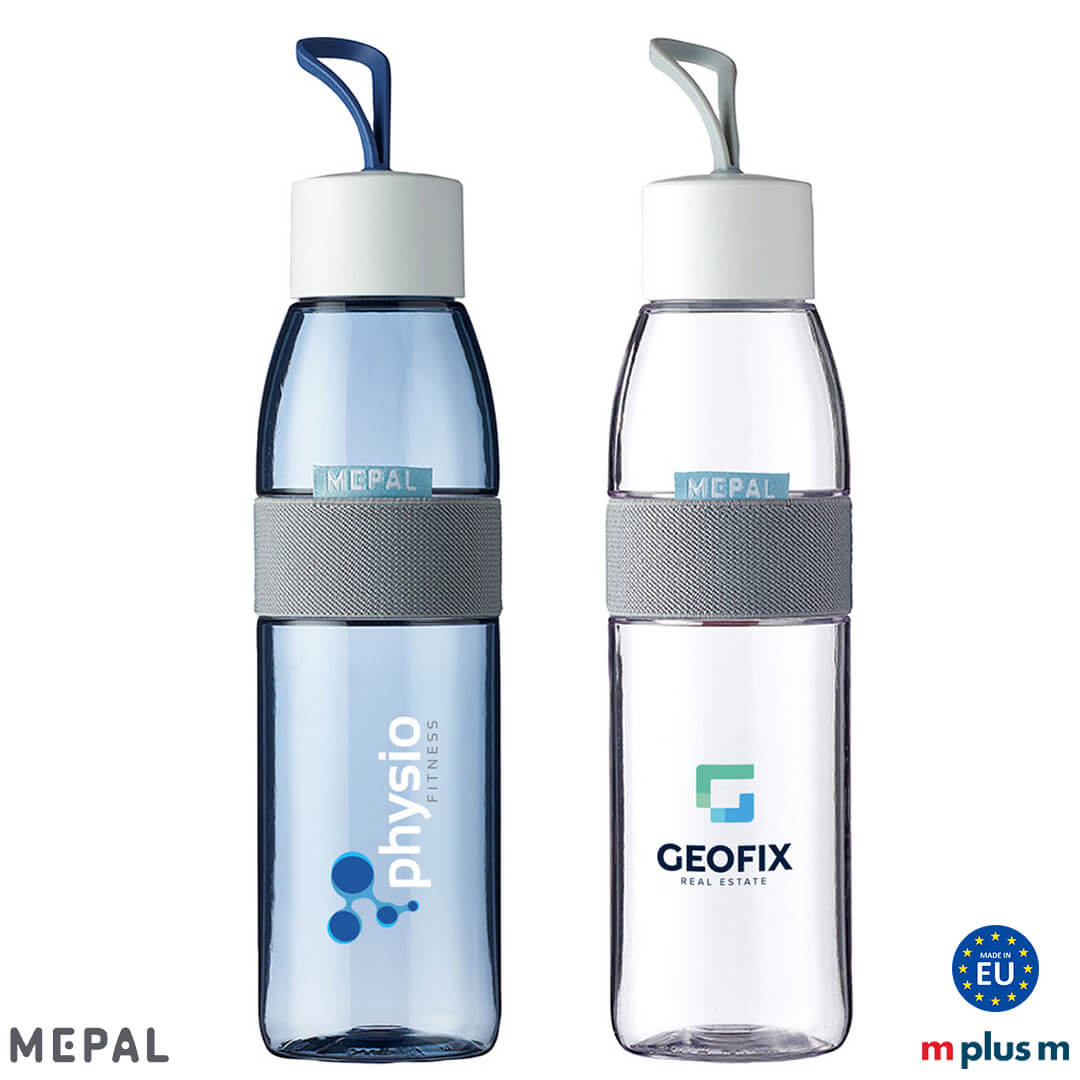 Blaue und transparente Mepal Flasche mit Logo