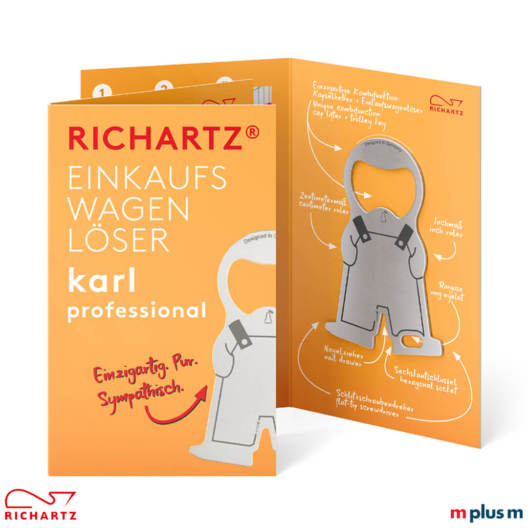 Die Einzelverpackung mit dem Einkaufswagenlöser karl professional als Giveaway. Schon ab 250 Stück kann man auch eine individuelle Klappkarte bestellen.