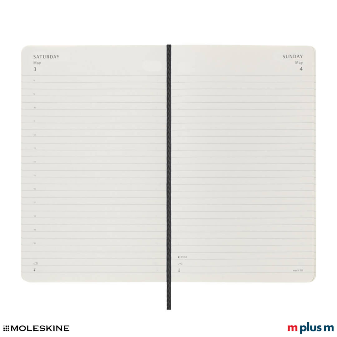 Tagesübersicht des schwarzen Moleskine 2025 Tageskalender, FSC Papier, mit Lesezeichen