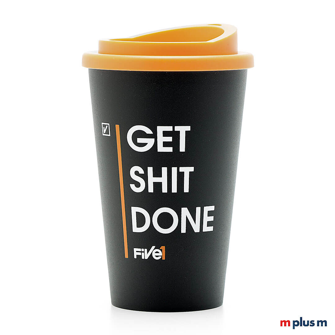 Classic Coffee Shop Thermobecher schwarz/orange, langlebig und bruchfest, Made in Europe mit Logo Druck personalisieren