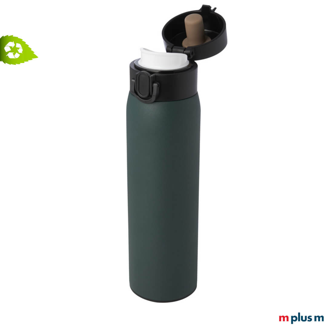 Der Klappdeckel beim dunkelgrünen Edelstahl Isolierbecher hält dicht und ist mit der Verriegelung auslaufsicher arretierbar.