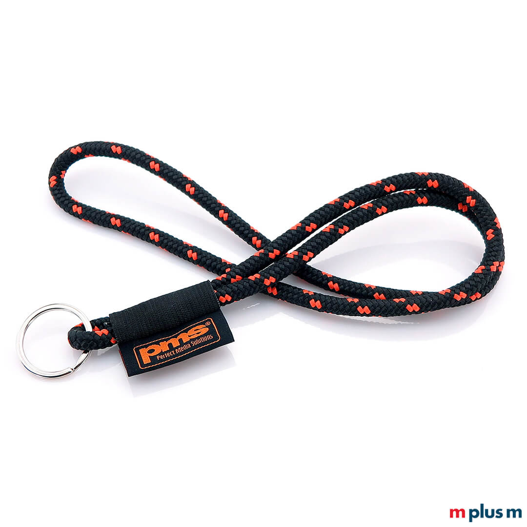 Kordel Schlüsselband als Werbeartikel in Schwarz mit Akzenten in Orange und gewebtem Logo Etikett