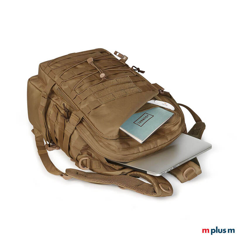 Cooler Laptoprucksack Molle in Holzbraun mit Logo bedrucken