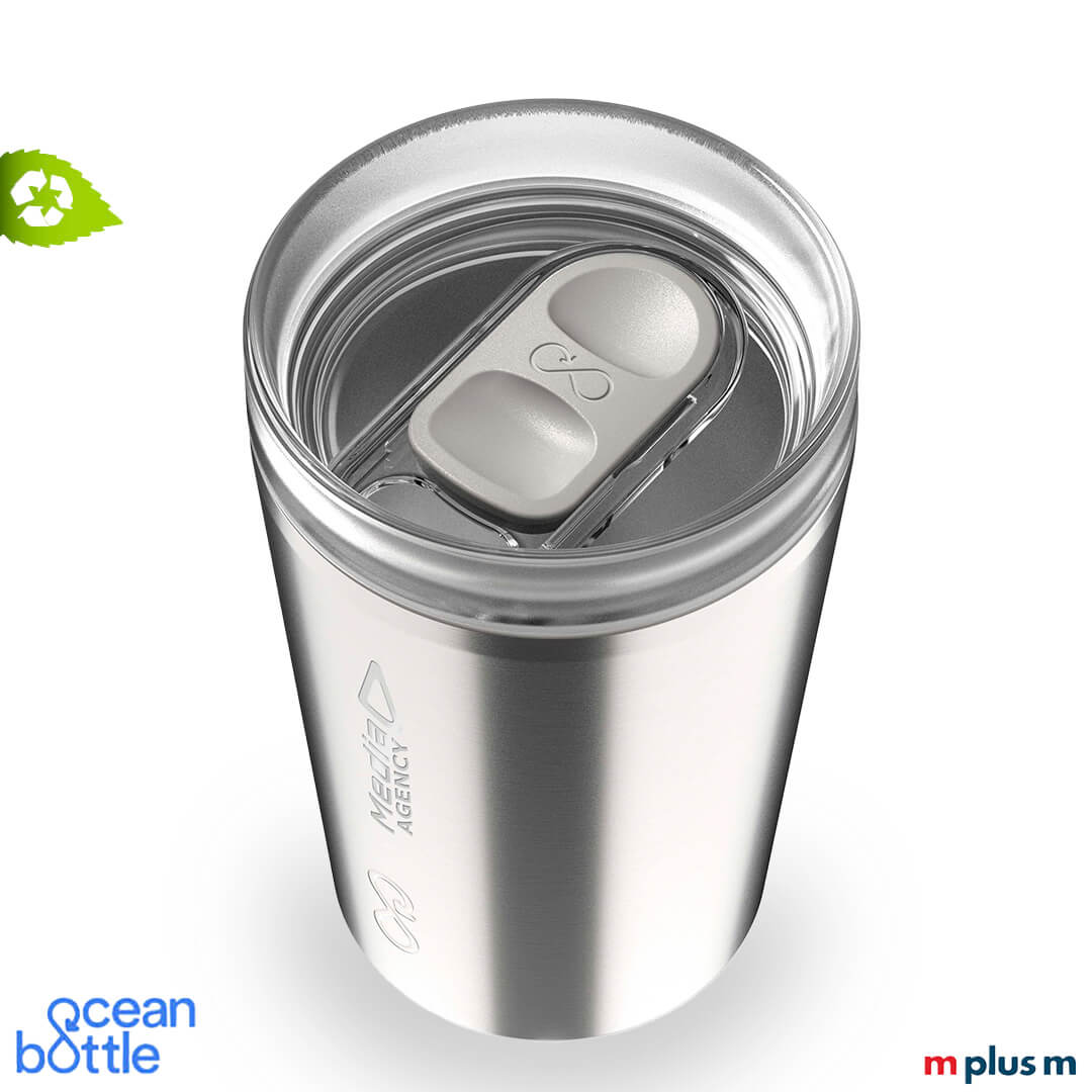 Silberner Ocean Bottle Travel Tumbler 350 ml aus 90 Prozent Recycling-Edelstahl, funktionaler Kaffeebecher für unterwegs mit Logo bedrucken
