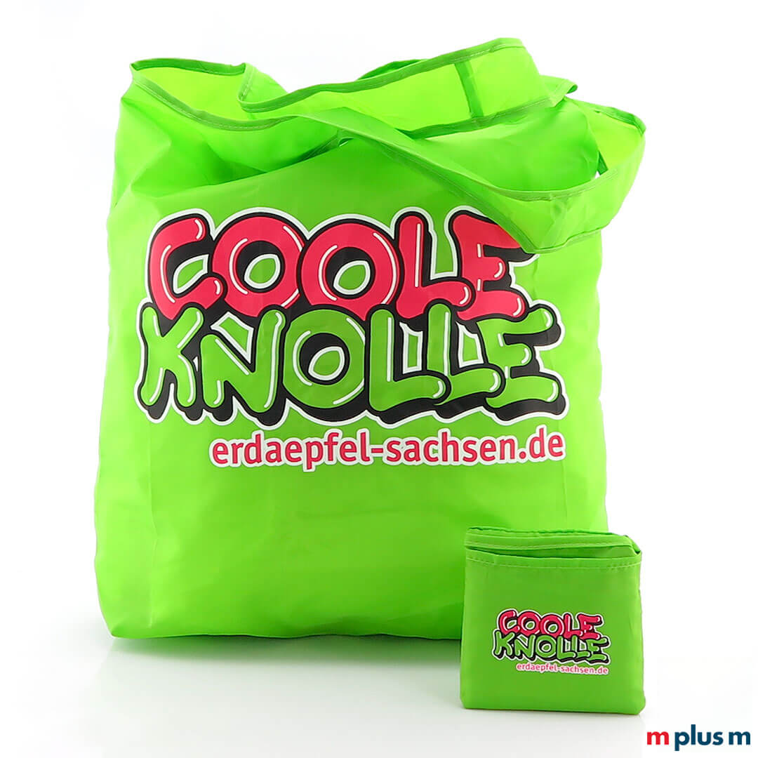 Schöne faltbare EInkaufstasche aus recycelten PET Flaschen. Nachhaltiger Werbeartikel in Sonderanfertigung.