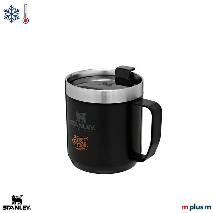 Stanley Kaffeetasse für unterwegs in der Farbe Schwarz bedruckt mit Beispieldruck Logo