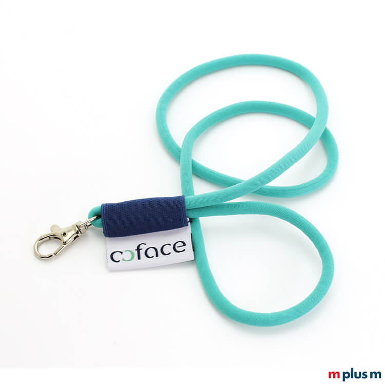 Tube Flag Lanyard in Wunschfarbe nach Pantone mit kleinem Standard Karabiner und Logo als Werbeartikel