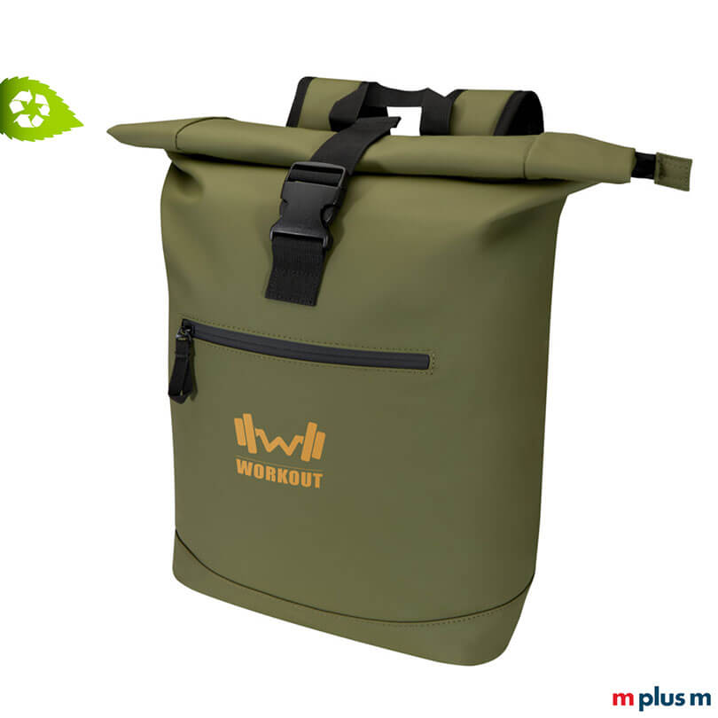 AquaPack Rolltop Laptop-Rucksack aus wasserabweisendem recycling PU-Kunststoff olivengrün mit Logodruck