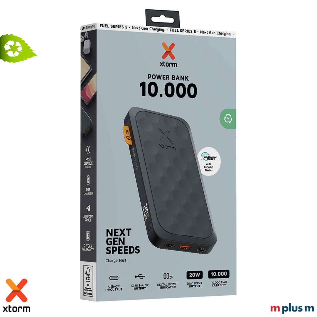 Verpackung für Xtorm FS510 Powerbank schwarz mit 10.000 mAh und optional individuellem Logo-Druck für Unternehmen und Events