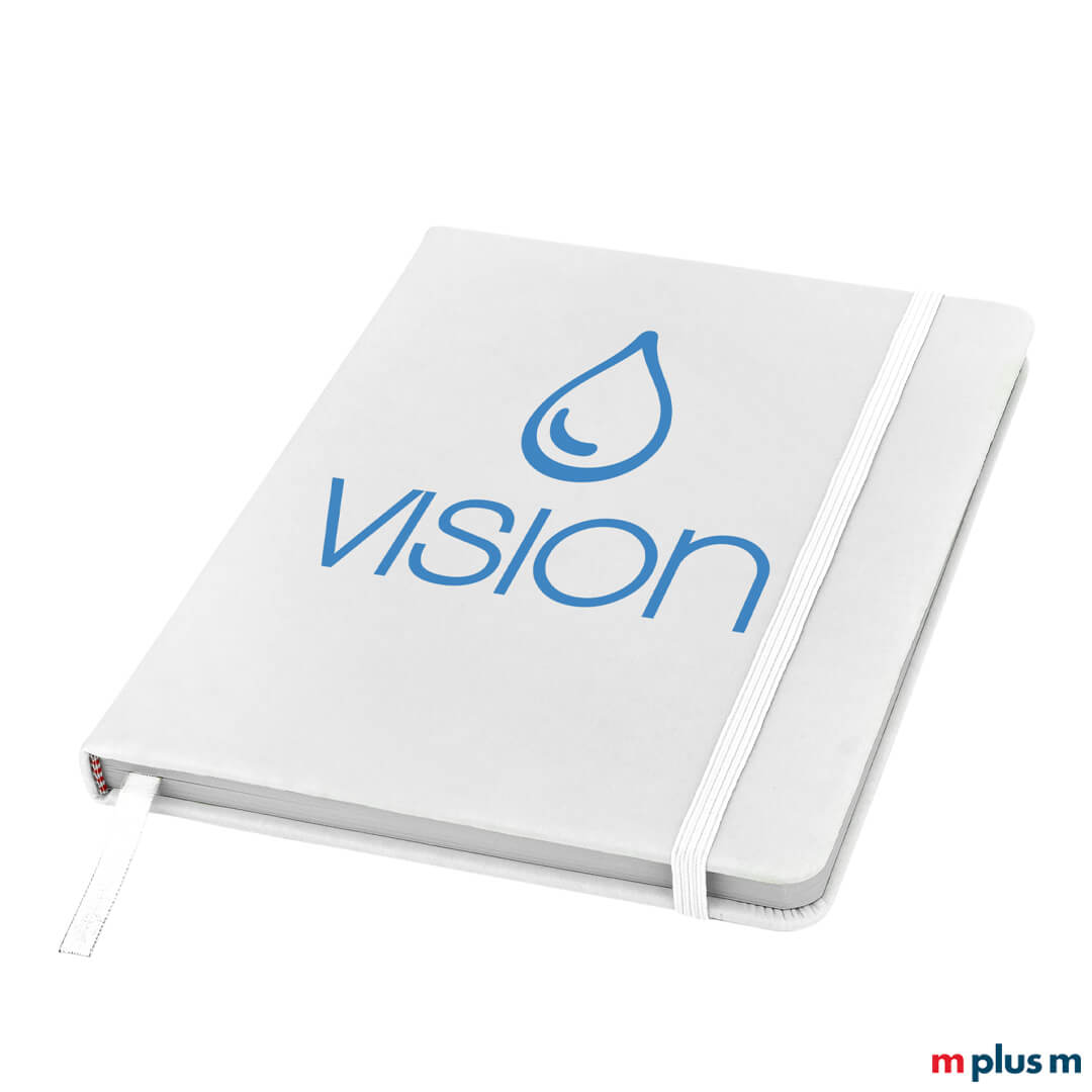 Weißfarbenes Din A5 Notizbuch Inspiration mit Stiftschlaufe und FSC Papier bedruckt mit Motiv