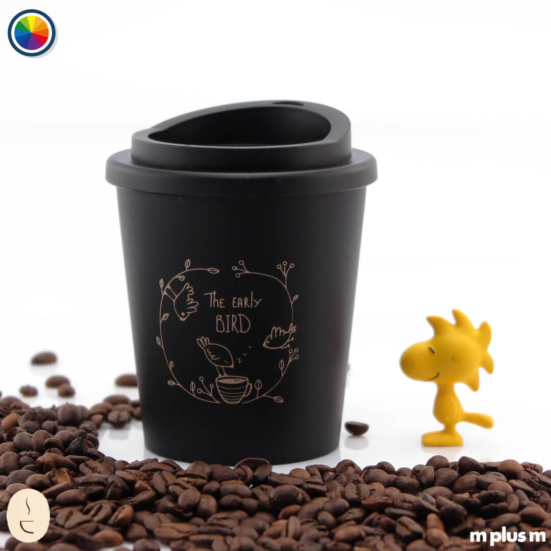 Schwarzer Early Bird Thermobecher 250 ml mit Luftisolierung und Drehdeckel, nachhaltiger Werbebecher hochwertig mit Logo bedrucken