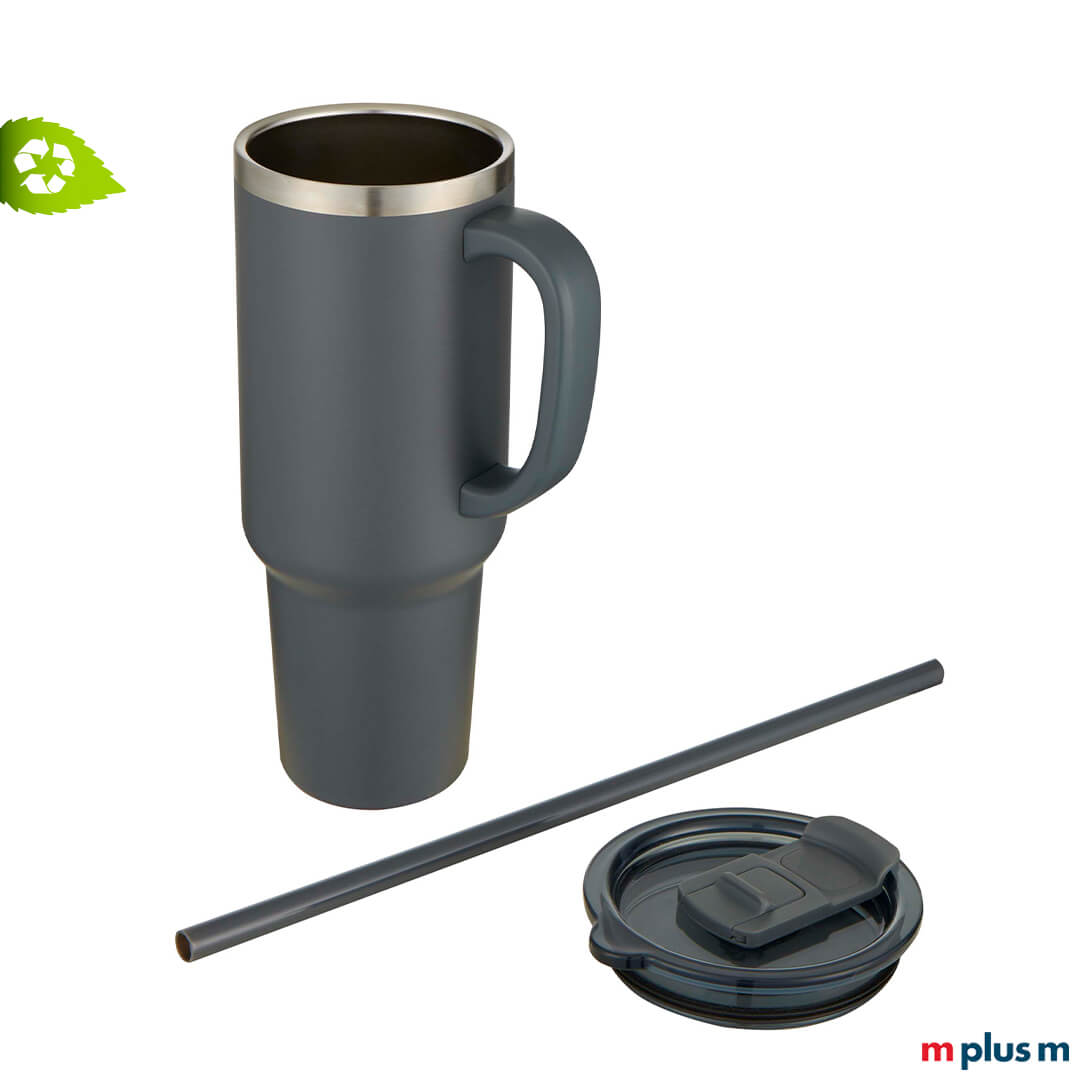 Isolierbecher in grau mit Trinkhalm und Deckel