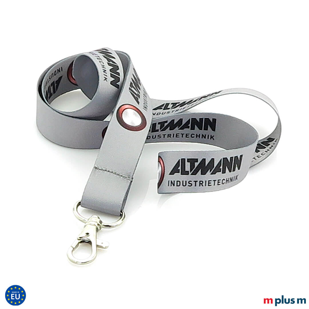 Das Eco Soft Schlüsselband in Wunschfarbe Grau vollflächig mit Motiv als Werbeartikel