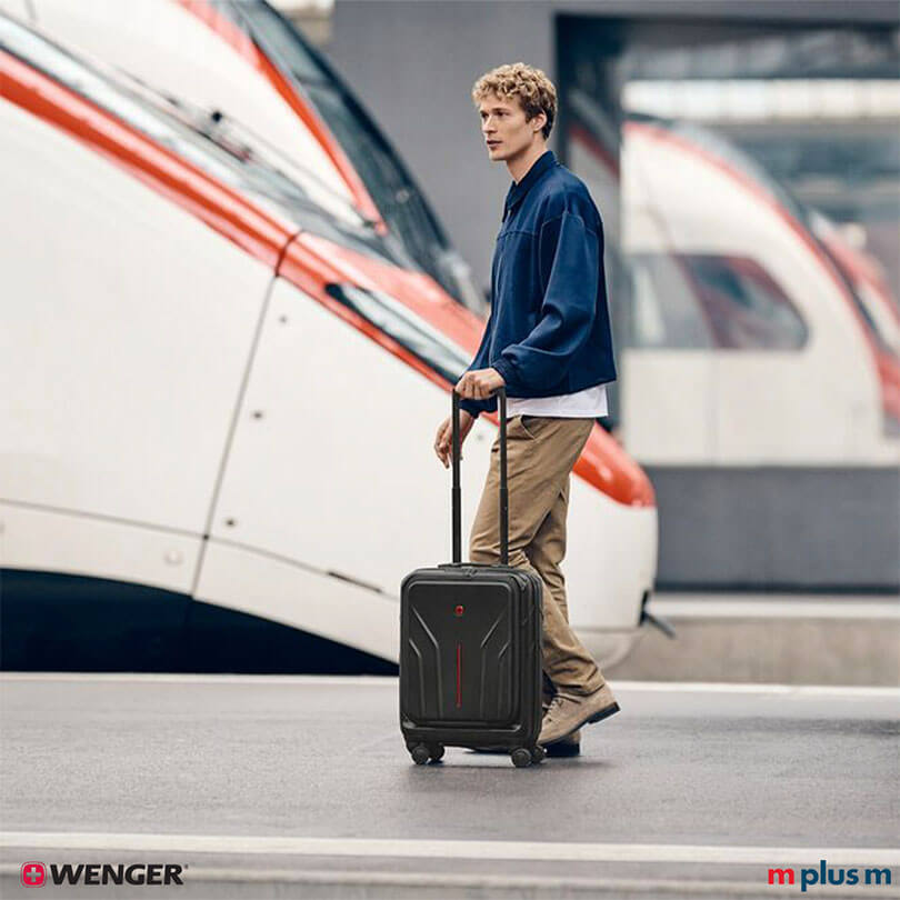 Schwarzer Wenger Amplix Carry-On aus stabilem Schalenmaterial mit Erweiterungssystem und Doppelrollen, funktionaler Cabin Trolley hochwertig mit Logo bedrucken