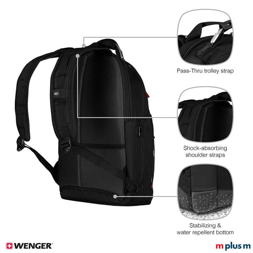 Wenger Gigabyte Laptop Rucksack schwarz mit Organisationstaschen und Frontfach mit Reissverschluss, funktionaler Businessrucksack modern mit Logo Druck personalisieren
